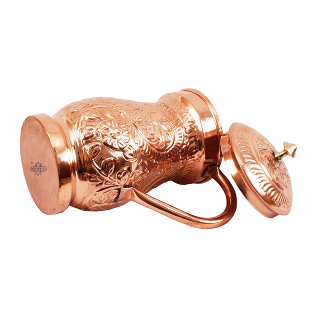 Indian Art Villa Pure Copper Jug pitcher With Brass Knob, 1500 ml. Brown