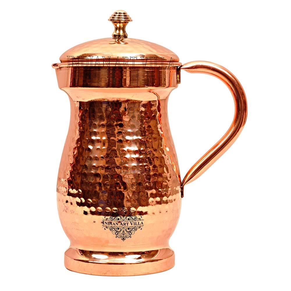 Indian Art Villa Pure Copper Hammered Maharaja Style Jug,  Pitcher With Brass Knob on Lid, Serveware, Drinkware