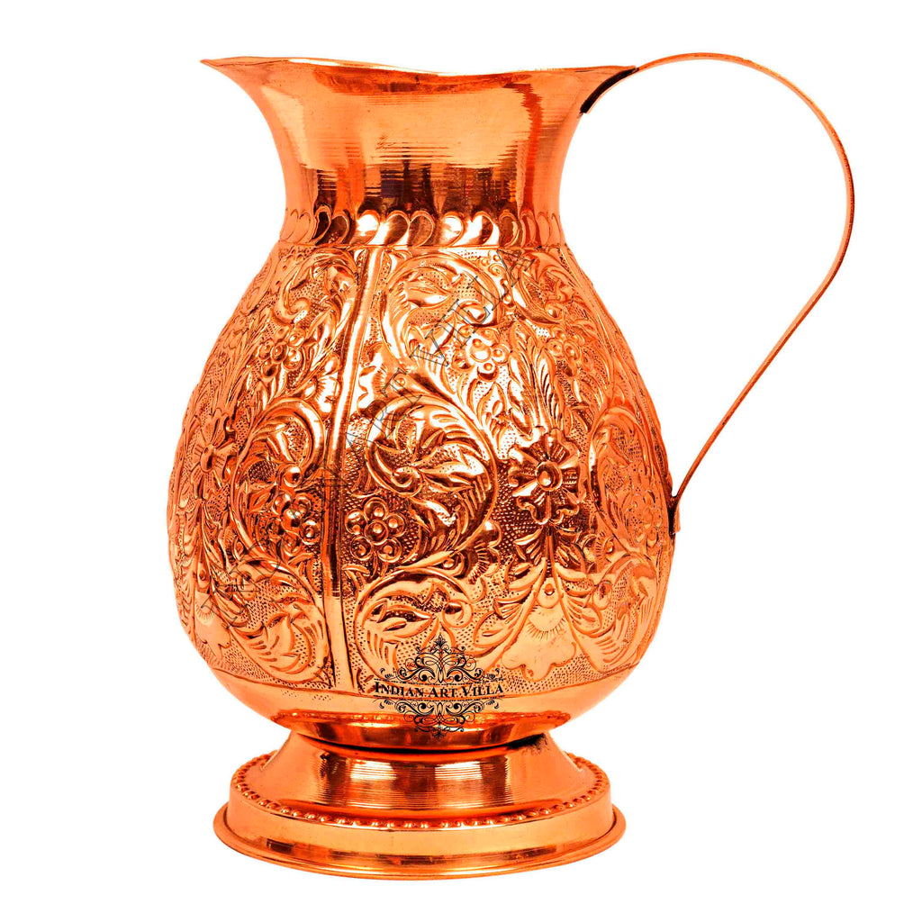 Indian Art Villa Pure Copper Jug, Leaf Design, Big Royal Pitcher, Storage Drinking water