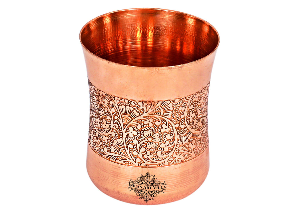 INDIAN ART VILLA Copper Curved Glass with Embossed Design, 300 ML
