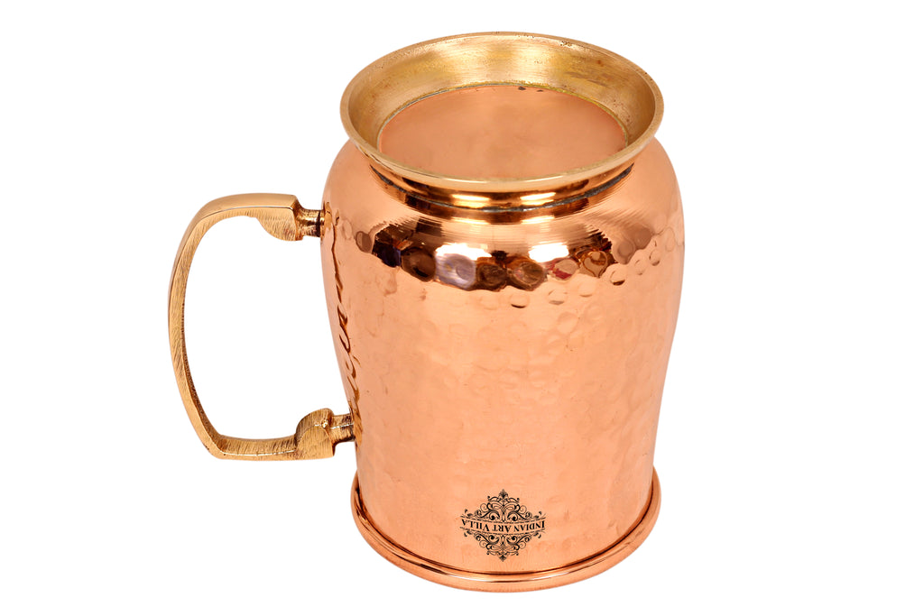 Indian Art Villa Pure Copper Hammered Design Mug with Brass Handle & Bottom 600 ML