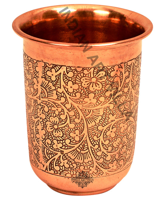 Pure Copper Embossed Design Curved Glass Tumbler 210 ML