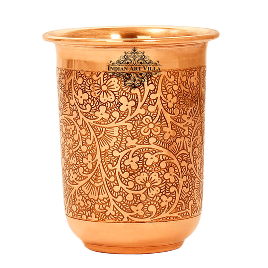 Pure Copper Embossed Design Curved Glass Tumbler 210 ML