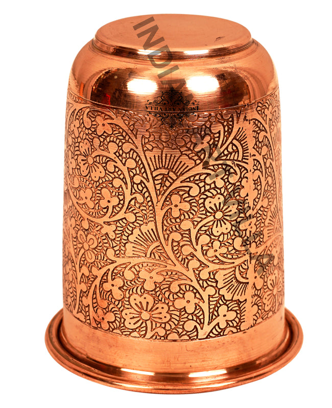 Indian Art Villa Pure Copper Embossed Design Curved Glass Tumbler