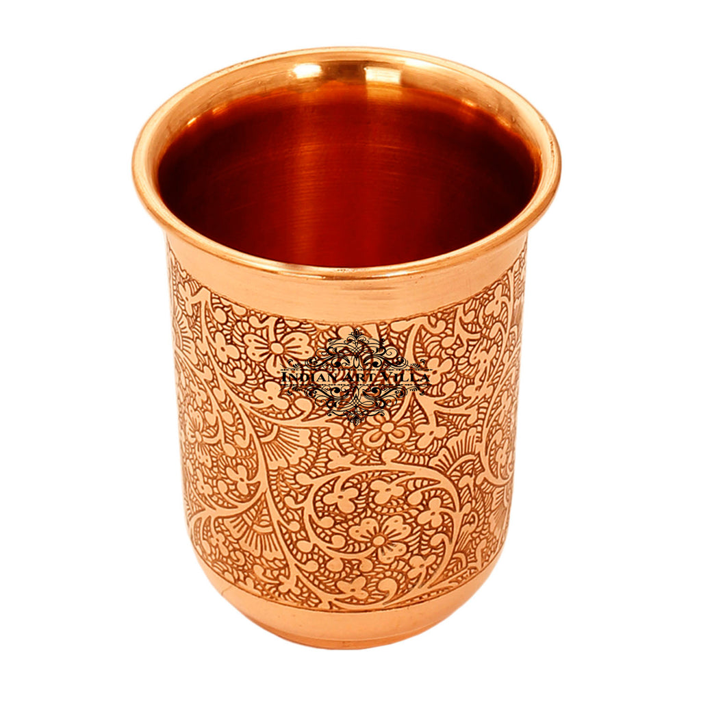 Indian Art Villa Pure Copper Embossed Design Curved Glass Tumbler
