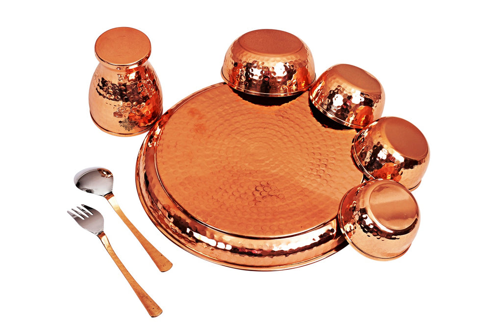 INDIAN ART VILLA Copper Handmade Hammered Design Thali Dinner Set