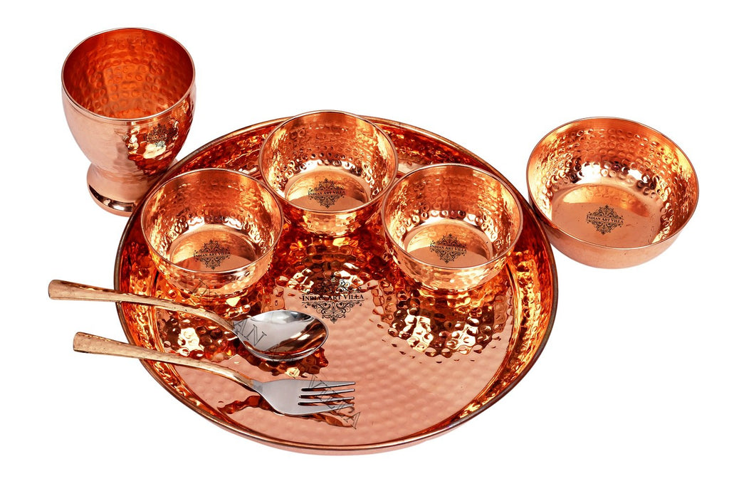 Copper Handmade Hammered Design Thali Dinner Set