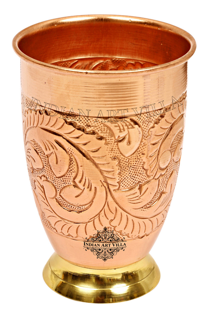Indian Art Villa Copper Embossed Design Glass Tumbler With Brass Bottom