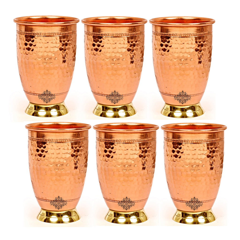 Indian Art Villa Pure Copper Hammered Design Glass Tumbler With Brass Bottom