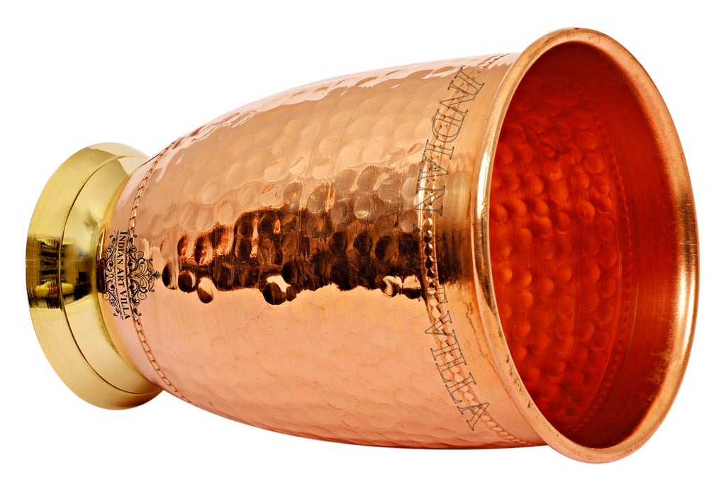 Indian Art Villa Pure Copper Hammered Design Glass Tumbler With Brass Bottom