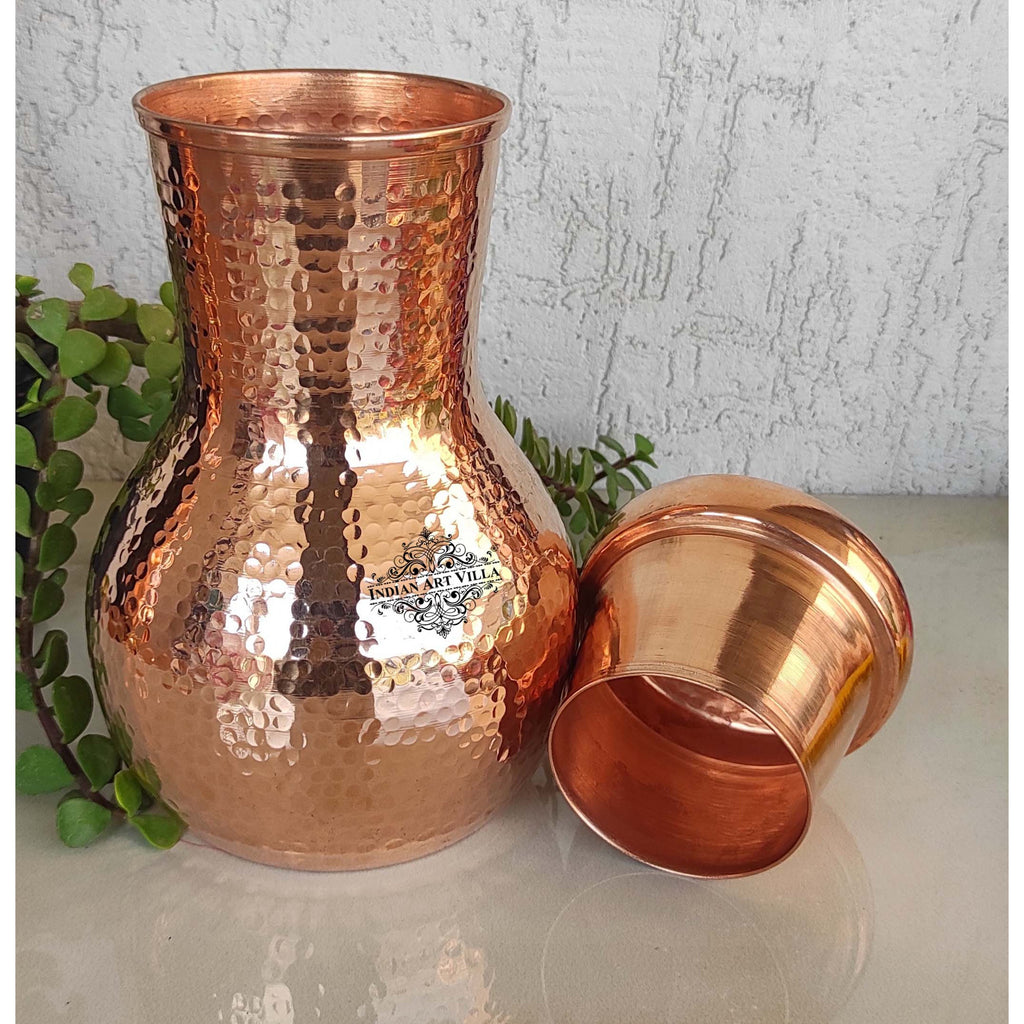 Indian Art Villa Hammered Finish Pure Copper Bedroom Bottle With Inbuilt Glass, Drinkware, Modern Design, 1250 ML