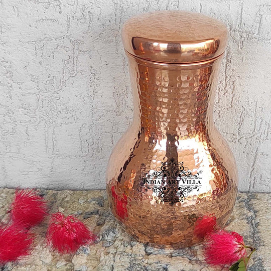 Indian Art Villa hammered pure copper water pot with lid – traditional Ayurvedic vessel for healthy drinking water storage.
