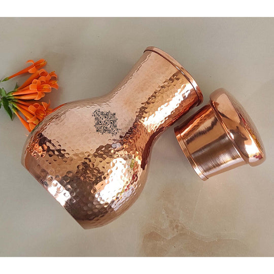 Indian Art Villa hammered pure copper water pot with lid – traditional Ayurvedic vessel for healthy drinking water storage.