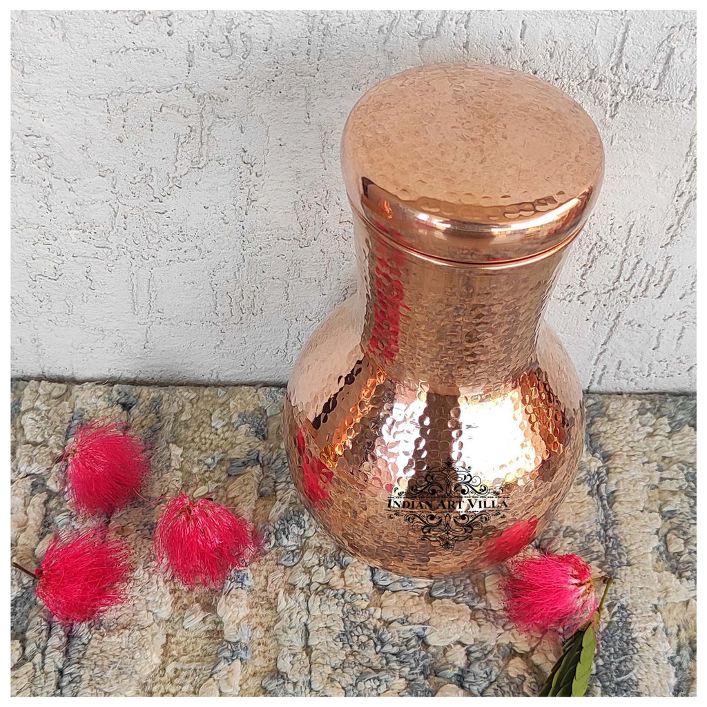 Indian Art Villa Hammered Finish Pure Copper Bedroom Bottle With Inbuilt Glass, Drinkware, Modern Design, 1250 ML