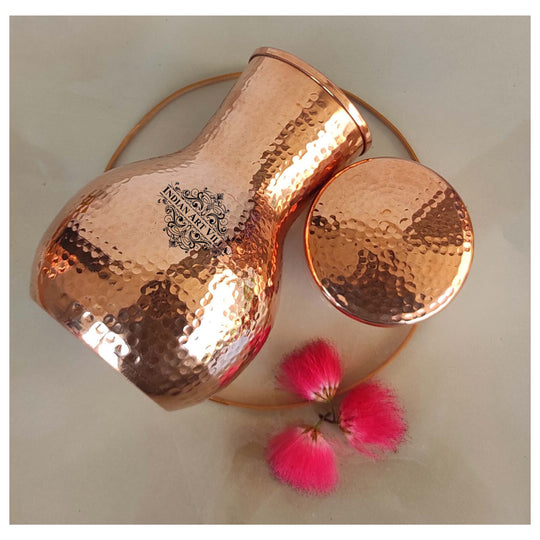 Indian Art Villa hammered pure copper water pot with lid – traditional Ayurvedic vessel for healthy drinking water storage.