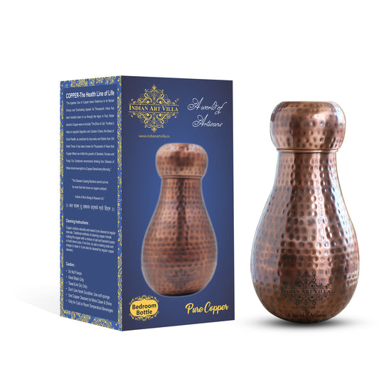 DarkHammered Copper Bedroom Water Bottle with Shine Finish and Built-in Glass for Hydration by Indian Art Villa
