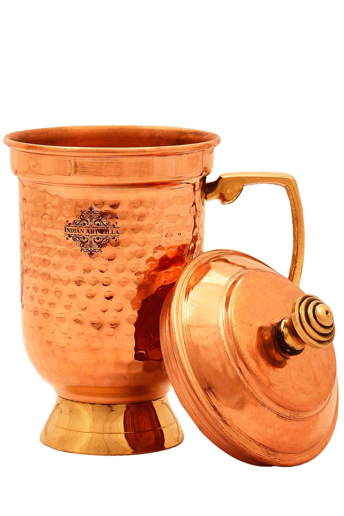 Indian Art Villa Pure Copper Hammered Design Beer Mug with Lid Barware 500 ML