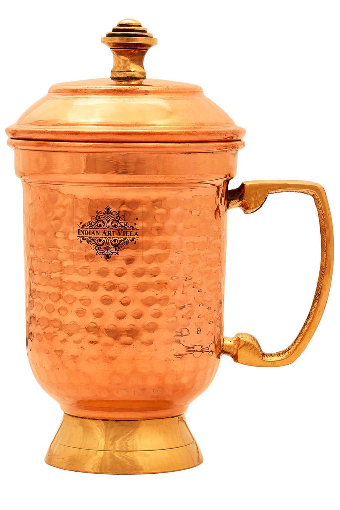 Indian Art Villa Pure Copper Hammered Design Beer Mug with Lid Barware 500 ML