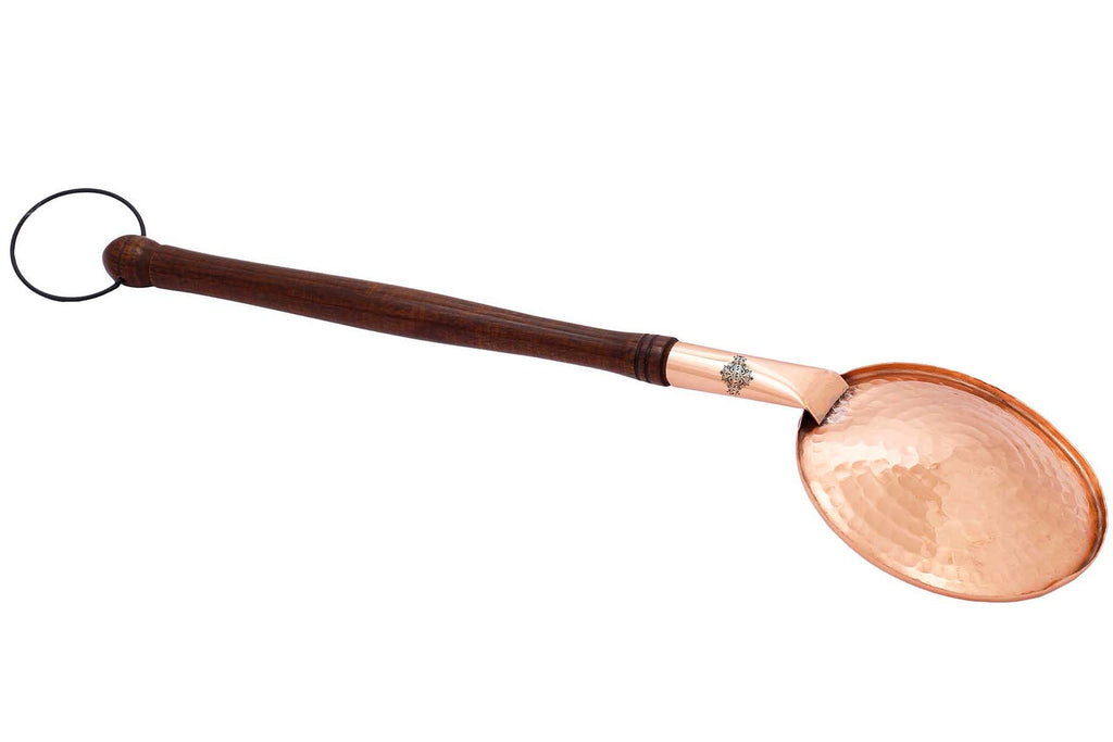 Copper Hammered Serving Spoon With Wooden Handle And Hanging Ring  15.5" Inch