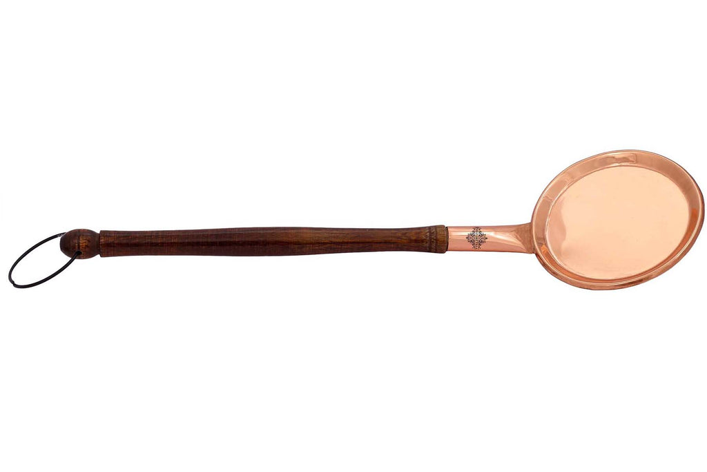 Indian Art Villa Pure Copper Flat Serving Spoon With Wooden Handle And Hanging Ring