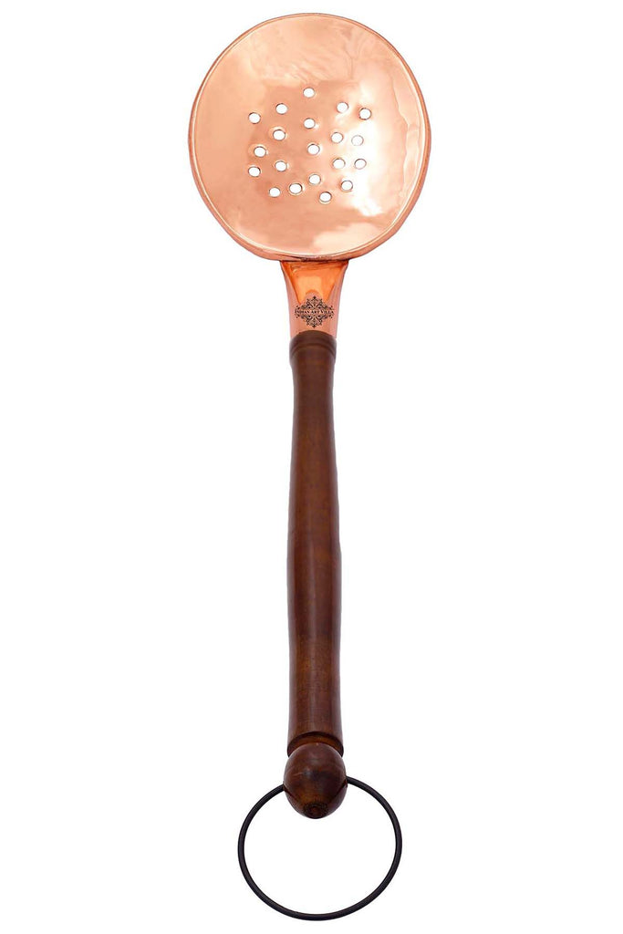 Copper Slotted Serving Spoon With Wooden Handle And Hanging Ring  15.3" Inch