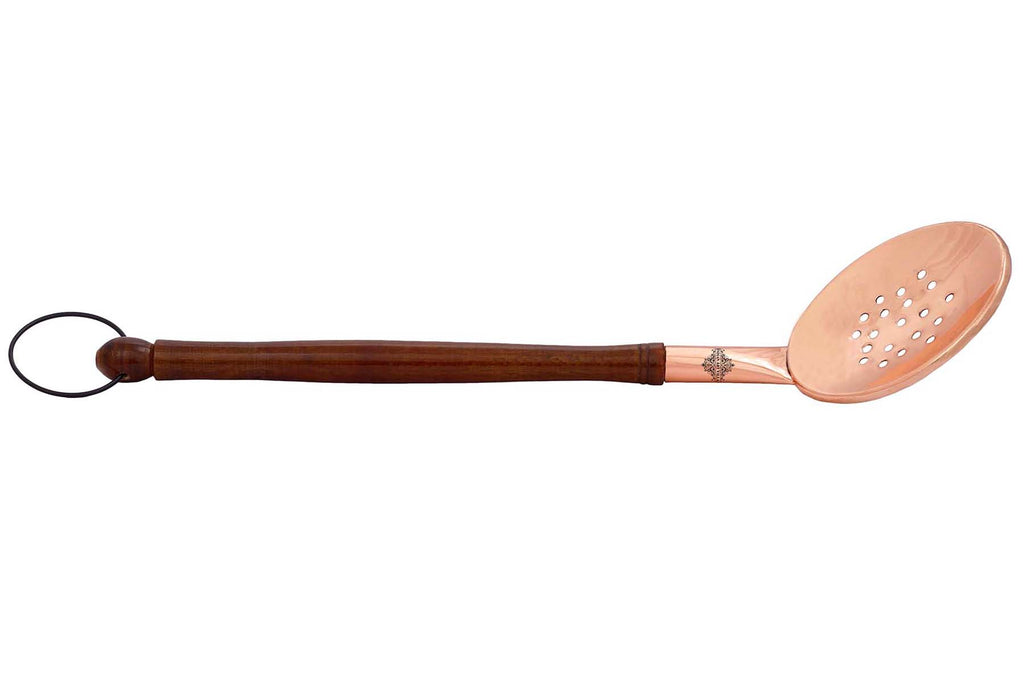 Copper Slotted Serving Spoon With Wooden Handle And Hanging Ring  15.3" Inch