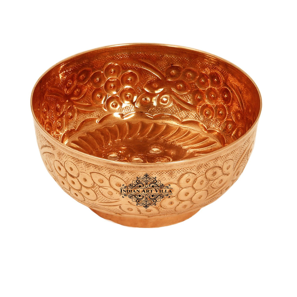 Indian Art Villa Pure Copper Embossed Flower Design Bowl Volume 580ml Diameter 5.6" inch Brown
