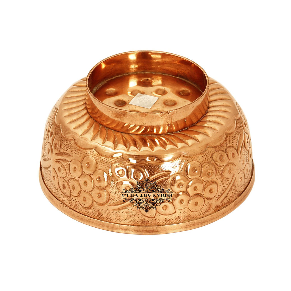 Indian Art Villa Pure Copper Embossed Flower Design Bowl Volume 580ml Diameter 5.6" inch Brown