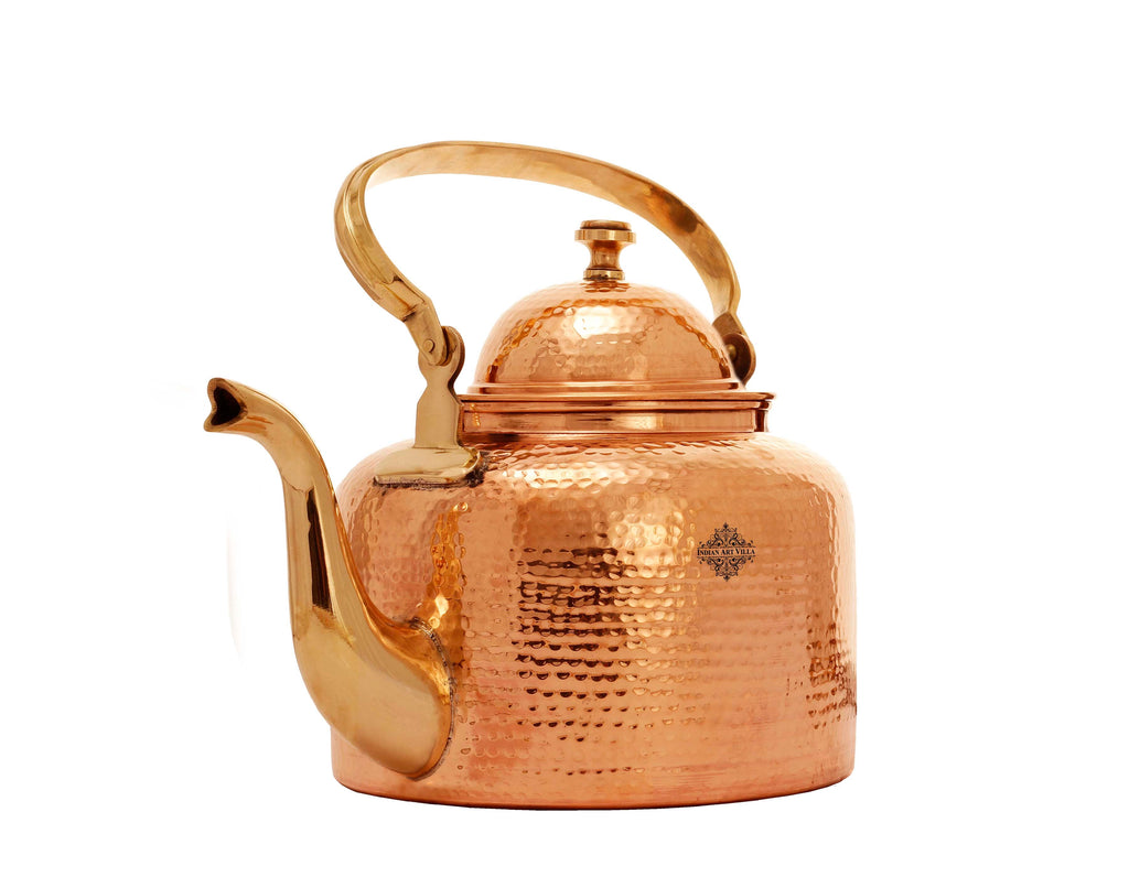 Indian Art Villa Copper Hammered Tea Kettle Pot Inside Tin Lining, Serveware,