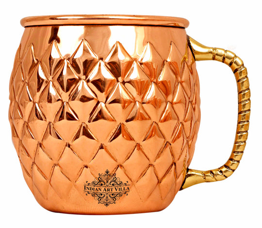 Indian Art Villa hammered copper Moscow Mule mug with diamond texture and brass handle, luxury barware for cocktails