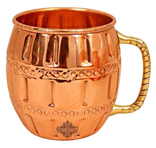 Handcrafted pure copper Moscow Mule mug by round design with grip handle, luxury drinkware for home and bar use.
