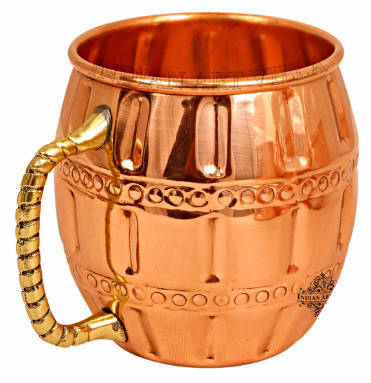Handcrafted pure copper Moscow Mule mug by round design with grip handle, luxury drinkware for home and bar use.