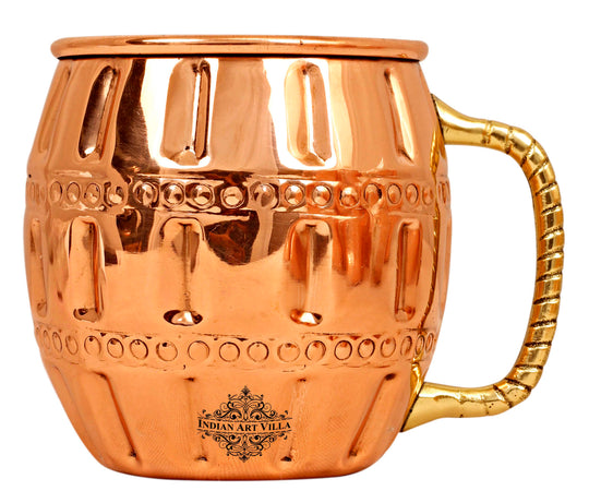 Handcrafted pure copper Moscow Mule mug by round design with grip handle, luxury drinkware for home and bar use.