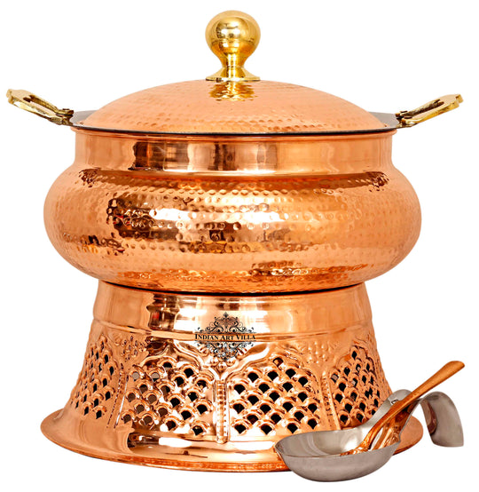 Indian Art Villa Steel Copper Chafing Dish 4L with Lid, Hammered Finish, Decorative Stand & Serving Spoon for Buffet Use