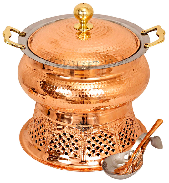 Indian Art Villa Steel Copper Chafing Dish 4L with Lid, Hammered Finish, Decorative Stand & Serving Spoon for Buffet Use