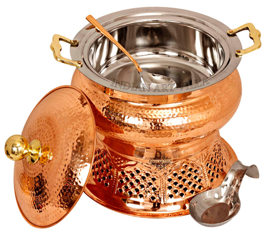 Indian Art Villa Steel Copper Chafing Dish 4L with Lid, Hammered Finish, Decorative Stand & Serving Spoon for Buffet Use