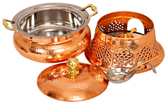 Indian Art Villa Steel Copper Chafing Dish 4L with Lid, Hammered Finish, Decorative Stand & Serving Spoon for Buffet Use