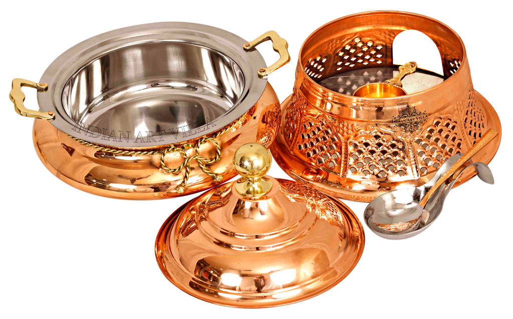 Indian Art Villa Pure Steel Copper Chafing Dish with Stand and Spoon