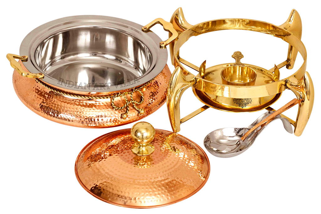 Indian Art Villa Pure Steel Copper Chafing Dish with Brass fuel Gel Stand & Serving Spoon