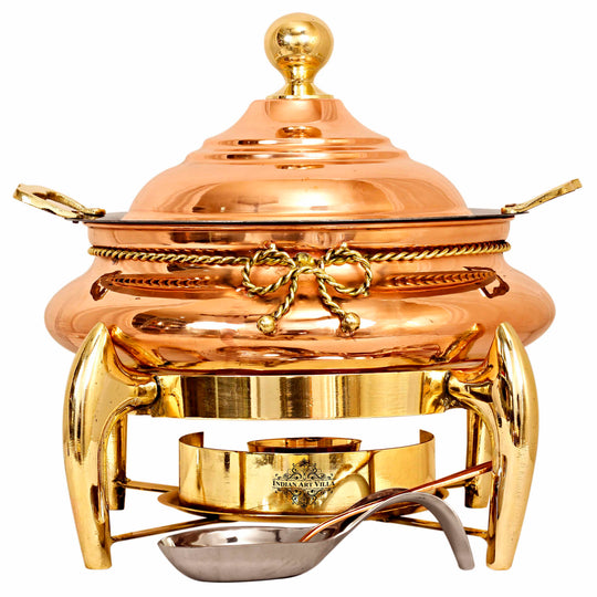 Indian Art Villa Steel Copper Chafing Dish 4L with Brass Stand, Lid, Fuel Gel Holder & Spoon – Elegant Buffet Server