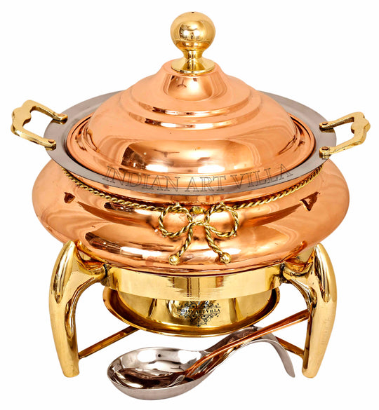 Indian Art Villa Steel Copper Chafing Dish 4L with Brass Stand, Lid, Fuel Gel Holder & Spoon – Elegant Buffet Server