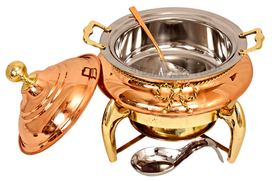 Indian Art Villa Steel Copper Chafing Dish 4L with Brass Stand, Lid, Fuel Gel Holder & Spoon – Elegant Buffet Server