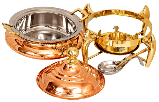Indian Art Villa Steel Copper Chafing Dish 4L with Brass Stand, Lid, Fuel Gel Holder & Spoon – Elegant Buffet Server