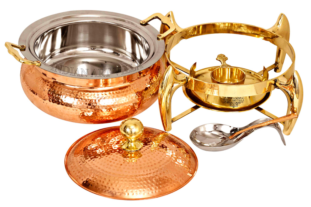 Indian Art Villa Pure Steel Copper Chafing Dish with Brass fuel Gel Stand & Serving Spoon
