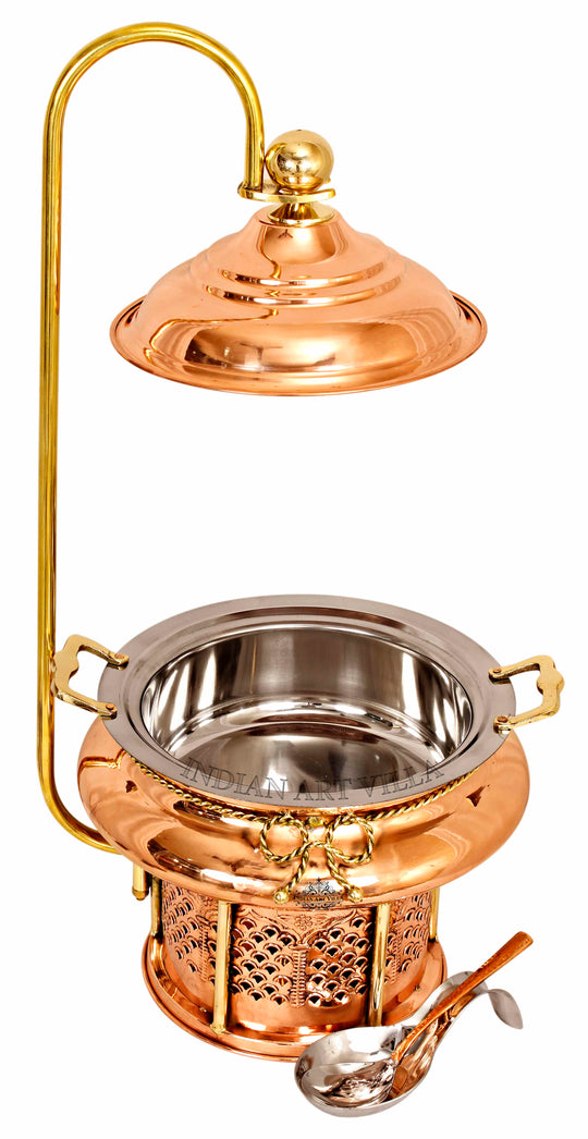 Indian Art Villa Copper Steel Chafing Dish with Sigdi Base & Gelfuel Holder – Traditional Buffet Serveware.