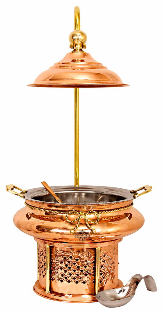 Indian Art Villa Copper Steel Chafing Dish with Sigdi Base & Gelfuel Holder – Traditional Buffet Serveware.