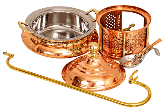 Indian Art Villa Copper Steel Chafing Dish with Sigdi Base & Gelfuel Holder – Traditional Buffet Serveware.