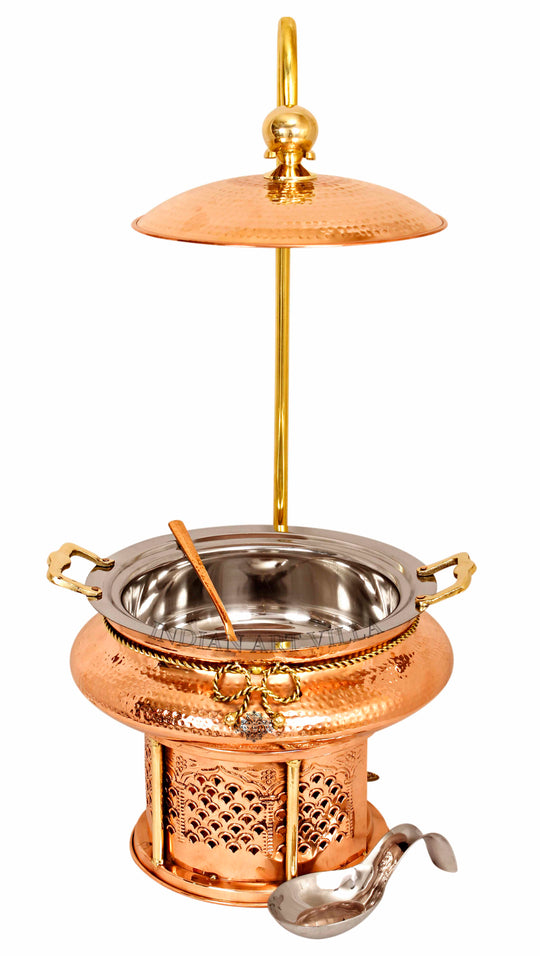 Handcrafted Steel Copper Chafing Dish – Food Warmer with Brass Sigdi Stand & Spoon for Events & Restaurants