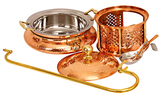 Handcrafted Steel Copper Chafing Dish – Food Warmer with Brass Sigdi Stand & Spoon for Events & Restaurants