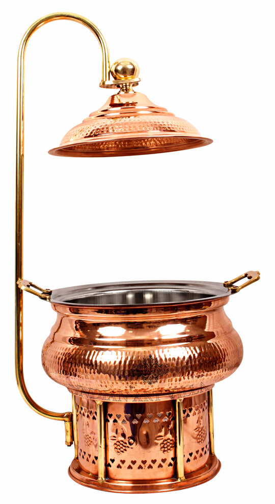 Indian Art Villa Copper Buffet Warmer with Sigdi Stand – Steel Copper Hammered Chaffing Dish for Party Serveware